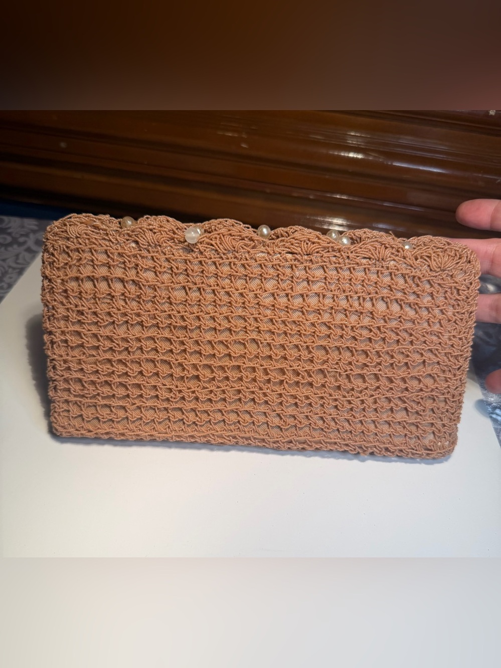 Vintage Silvercraft crocheted clutch, open-weave, scalloped border, Pearl Rim